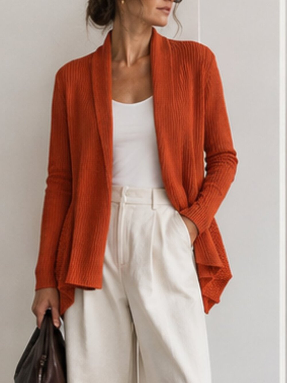 Akris Punto rust orange rib knit/mixed knit open peplum cardigan/Sweater Sz 2